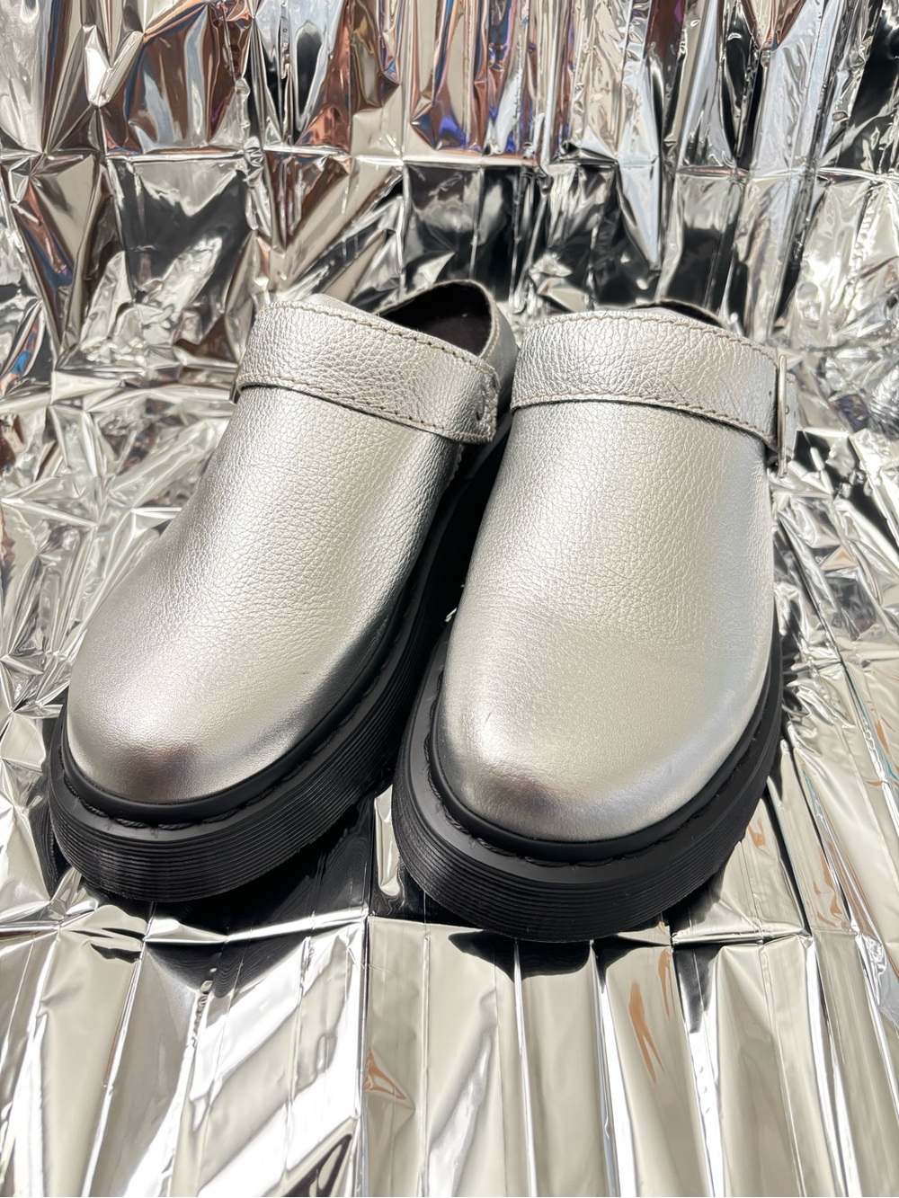 DR. MARTENS LAKETEN SILVER SLINGBACK MULES, size 9M
